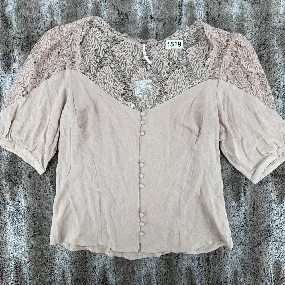Free People Woman Blouse Large Mauve Rose lace top Boho 3/4 Sleeve NWOT